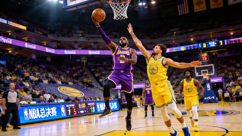篮球赛事直播画面 - NBA总决赛湖人队与勇士队的对决，球员正在进行投篮